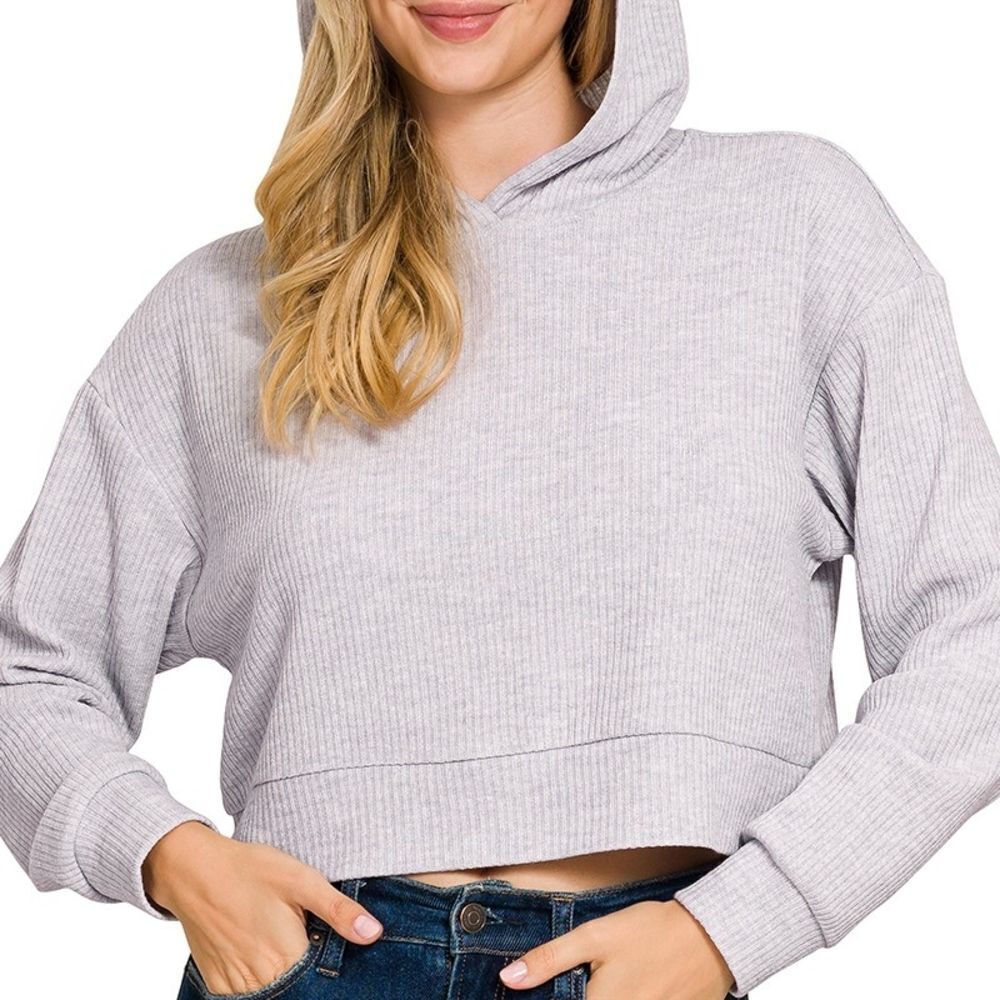 *Last Day* Zenana Drop Shoulder Ribbed Crop Zenana Outfitters Lt Gray Hoodie